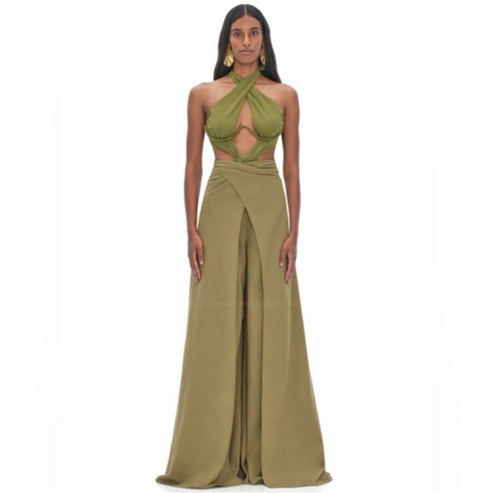 Andrea Iyamah Olive Green Wide Leg Pants Skirt Overlay